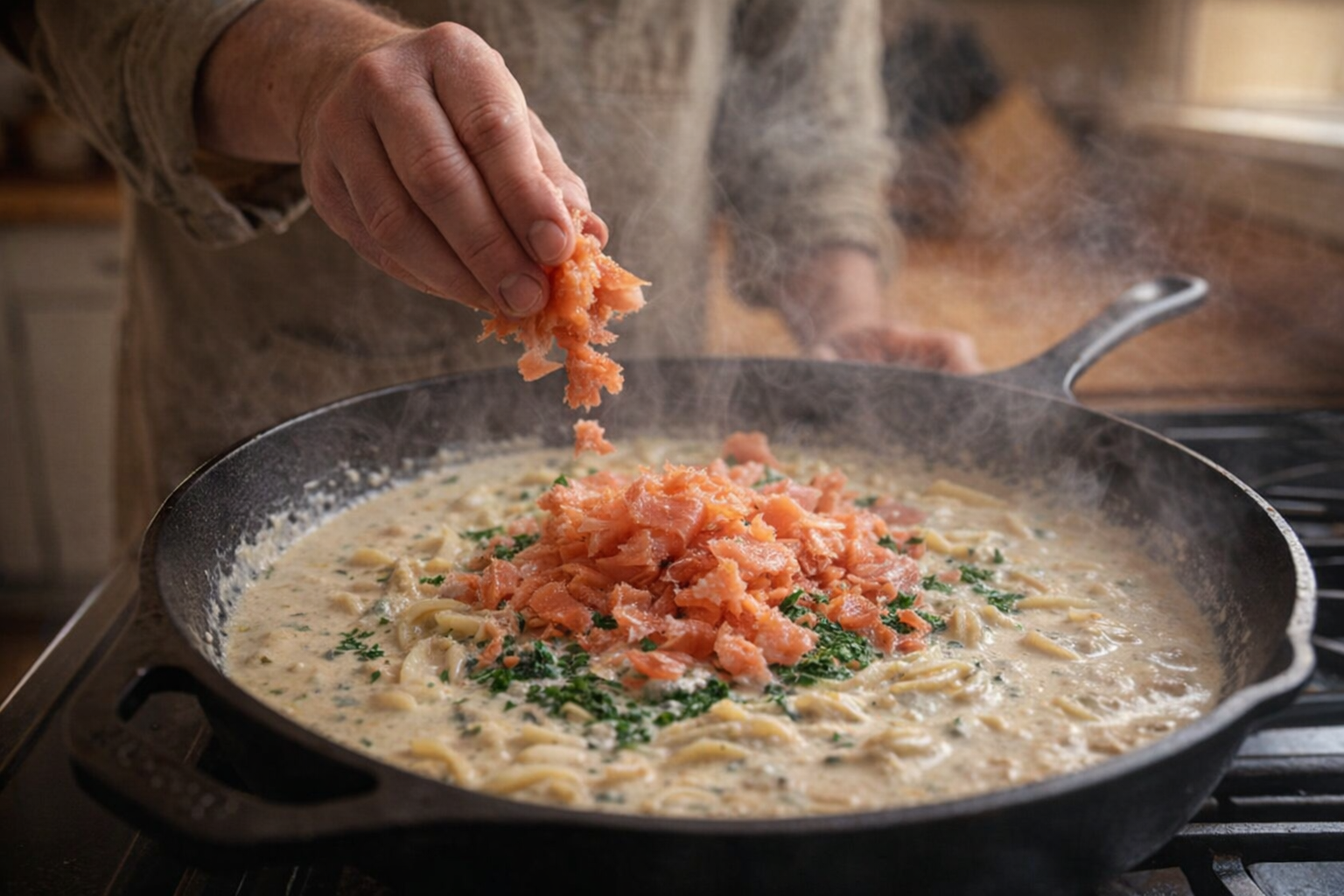 Action shot of smoked salmon being added to a creamy pasta sauce in a skillet, steam rising, warm lighting, eye-level shot